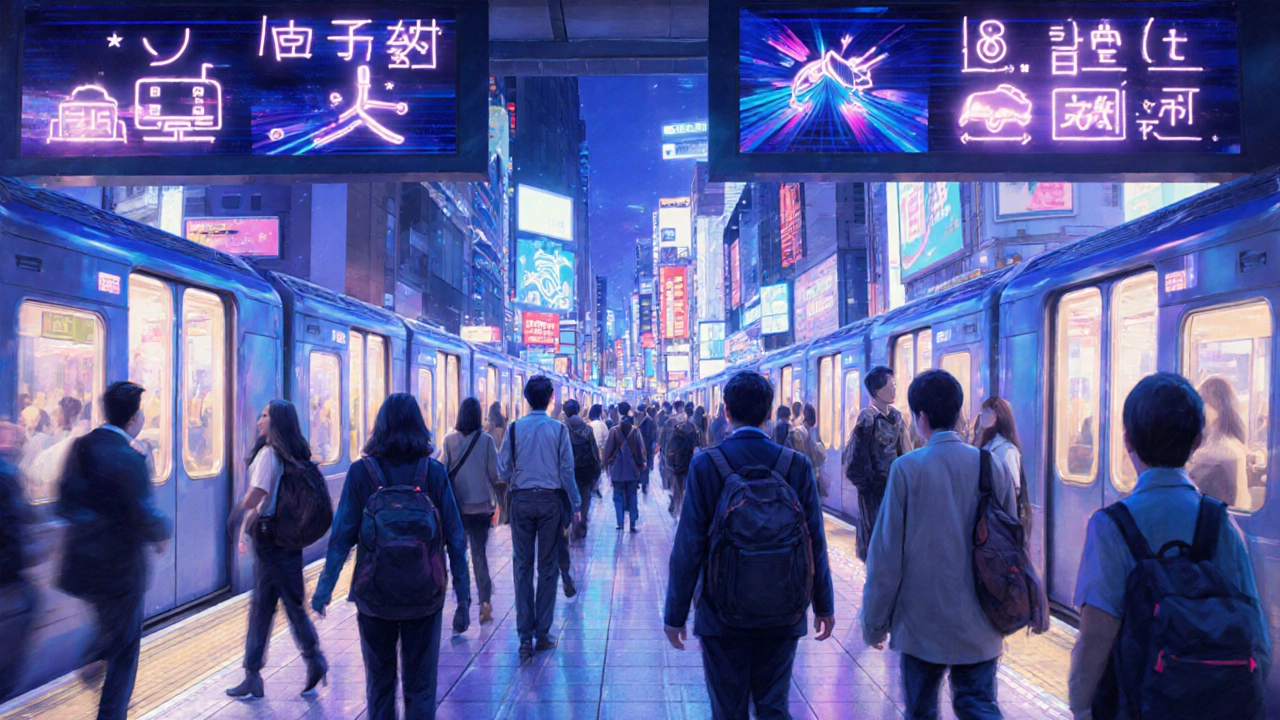 Больничный субвэй в Шибуя: поток людей, неон и оживлённый перекрёсток.