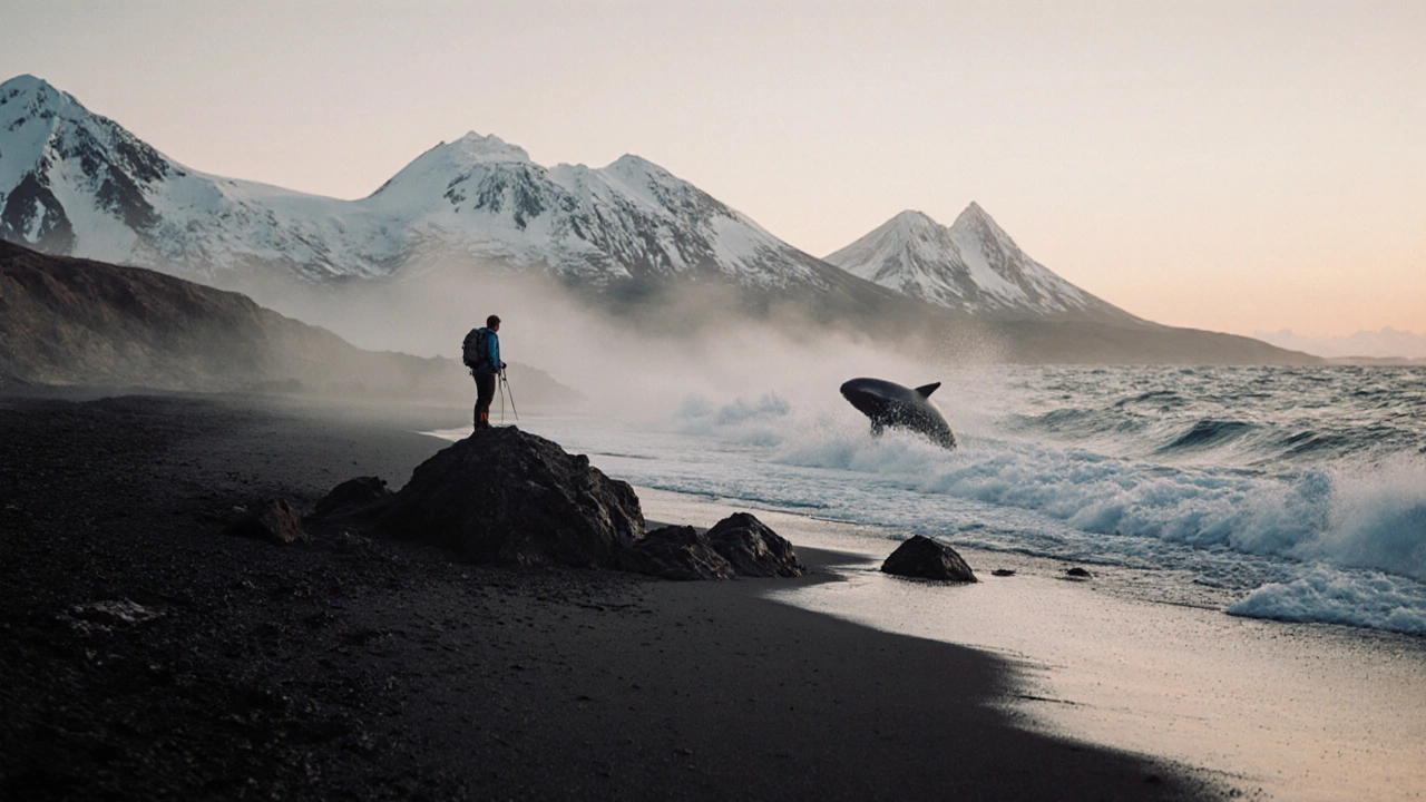 Черный вулканический пляж на Камчатке с китом на фоне вулканов на рассвете.