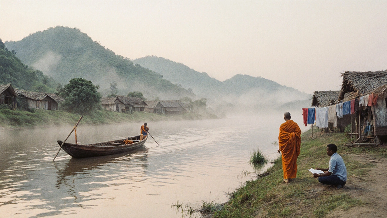 Деревянная лодка плывет по реке Меконг в Лаосе на рассвете, монах идет по берегу, туман окутывает холмы.