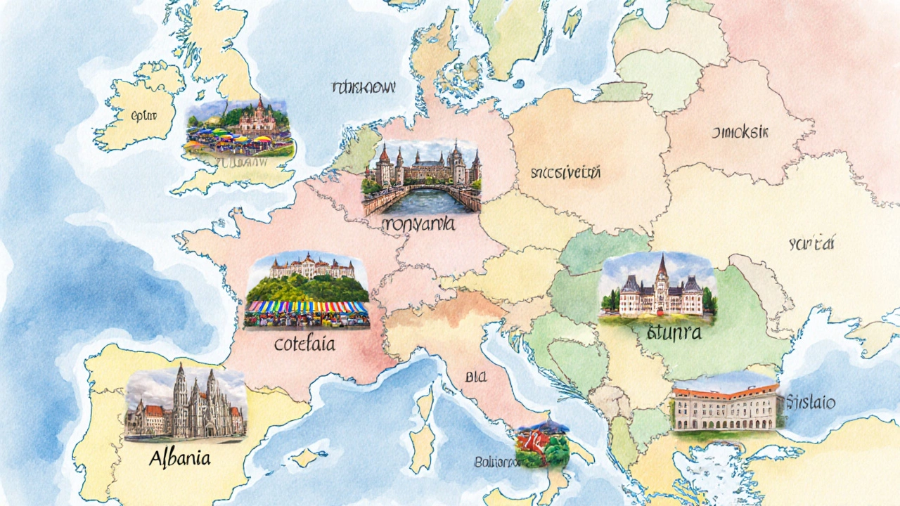 Карта Европы с выделенными Польшой, Румынией, Болгарией, Чехией, Венгрией и Албанией и их символическими достопримечательностями.