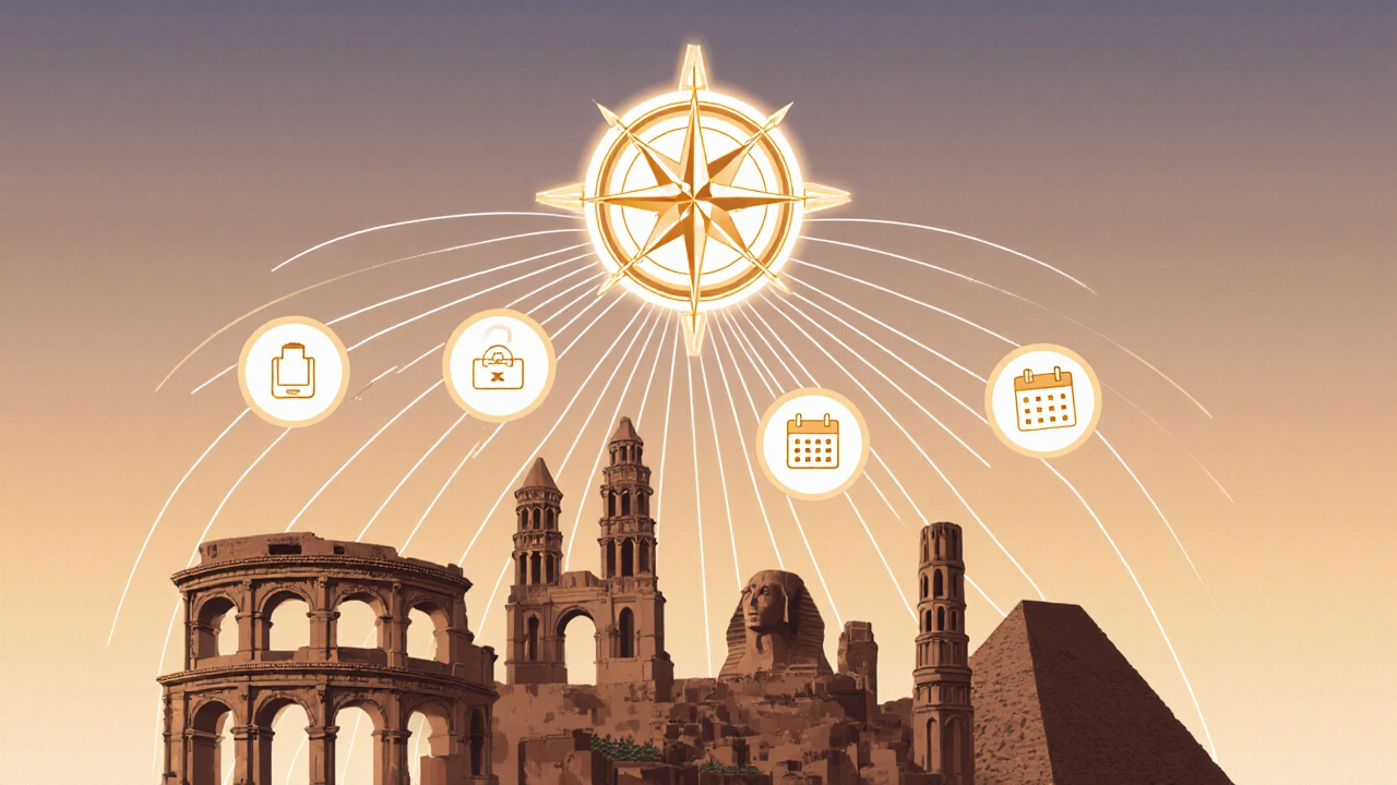 Компас над древними руинами, рядом значки чемодана, билета и календаря.