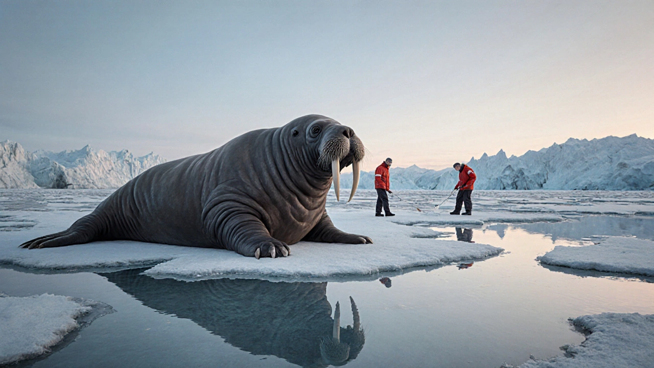 Морж на тающем льду в Кандалакшском заповеднике, учёные собирают пробы воды.
