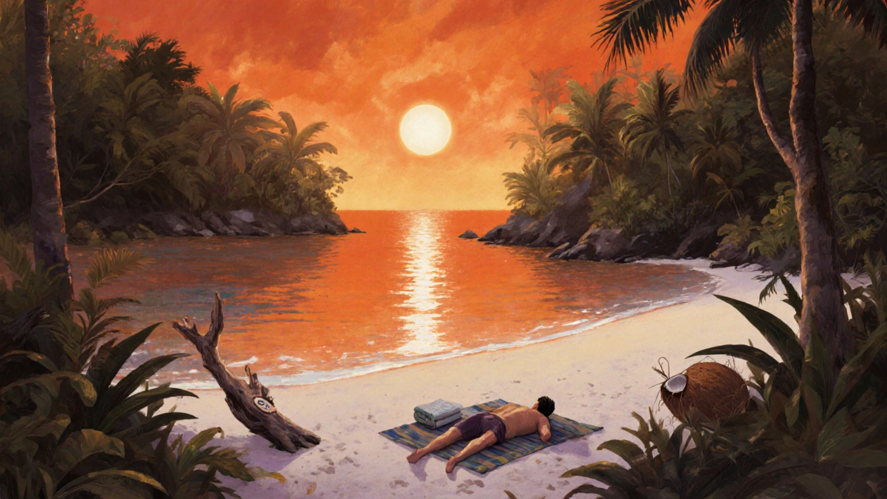 Одинокий отдыхающий лежит на белом песке скрытого пляжа на Пхукете при закате, вокруг — джунгли.