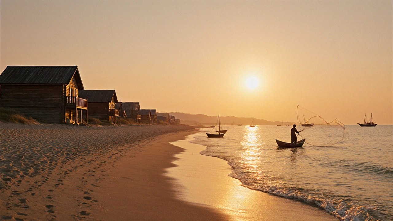 Пустынный берег Каспийского моря с деревянными домиками и рыбаком на закате.