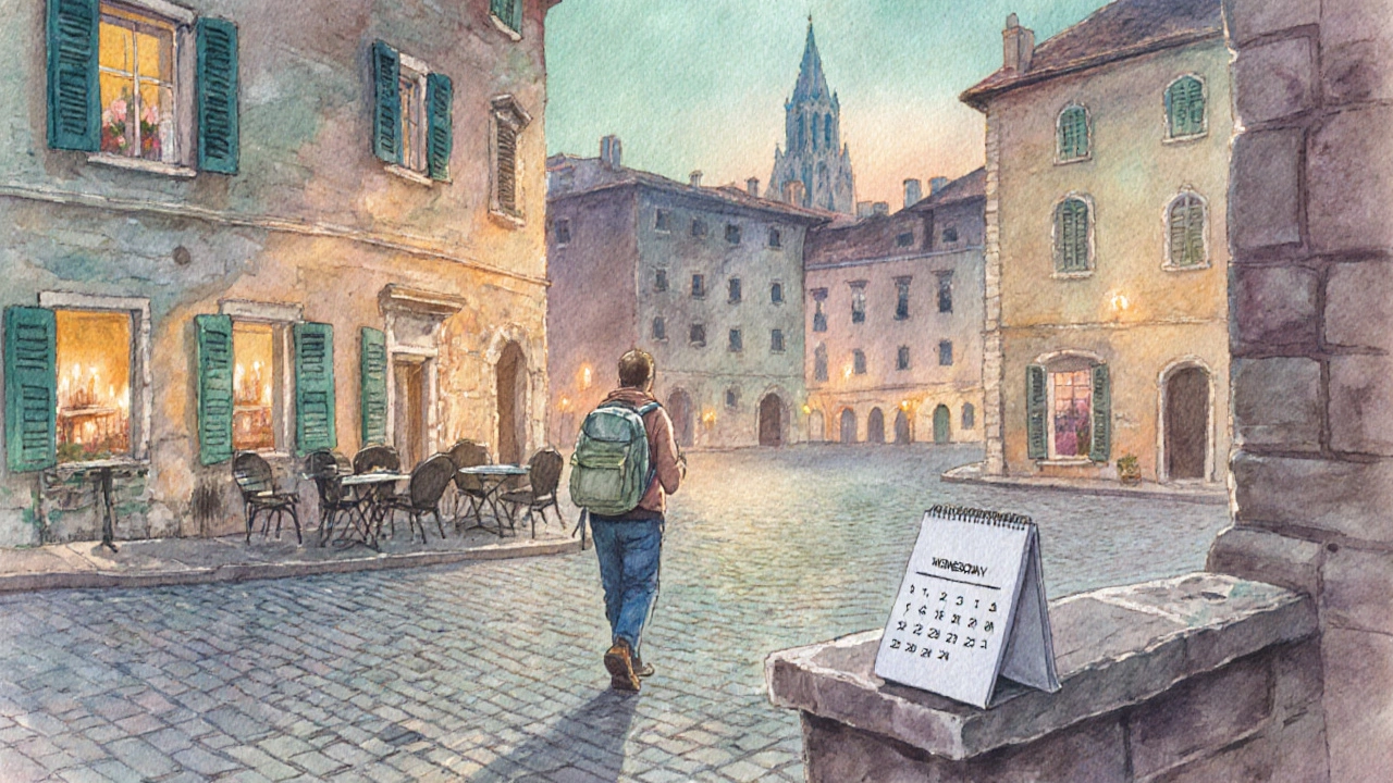 Путешественник в пустой исторической площади вечером, календарь указывает среду.