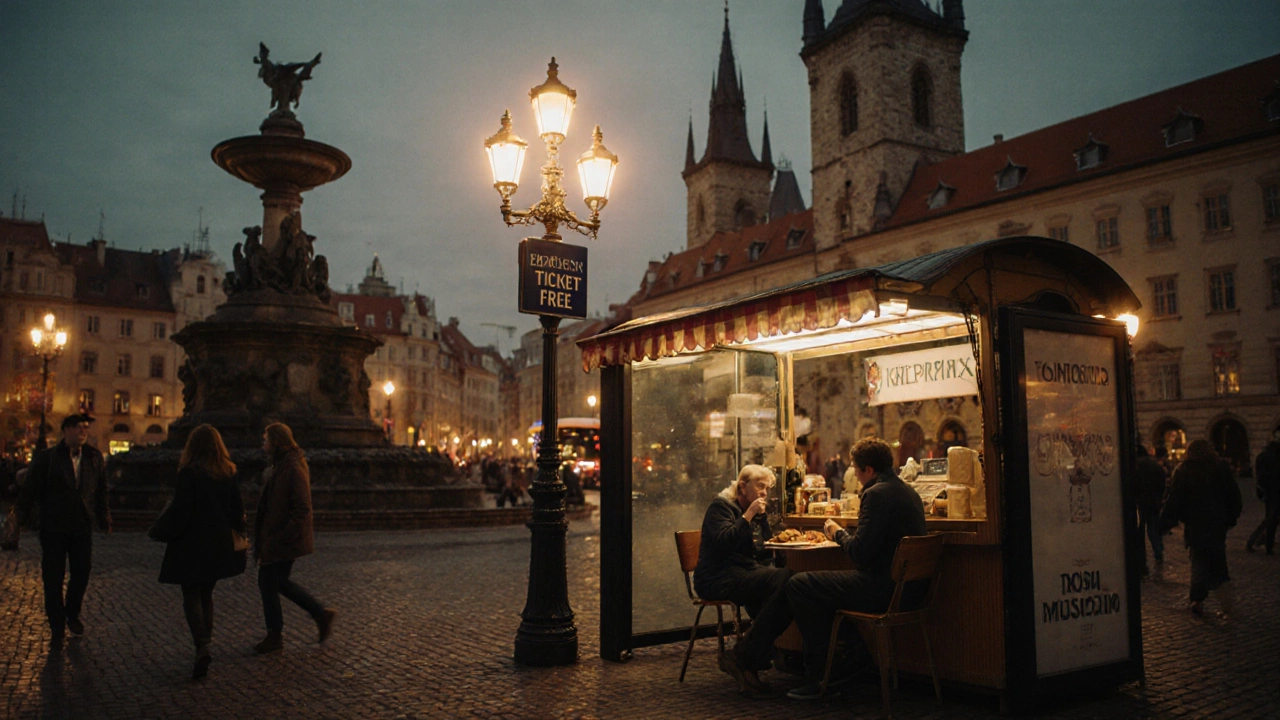 Путешественник в вечернем городе наслаждается уличной едой и бесплатными развлечениями под мягким светом фонарей.