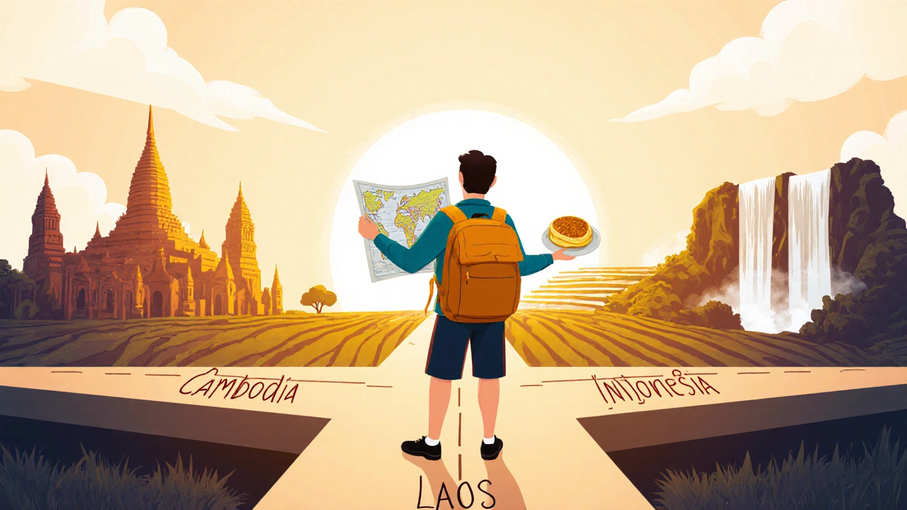 Рюкзачник стоит на перекрестке трех путей, ведущих к храмам, водопадам и рисовым террасам в Азии.