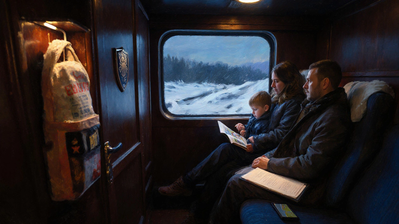 Семья в спальном купе поезда, рядом набор первой помощи и страховка.