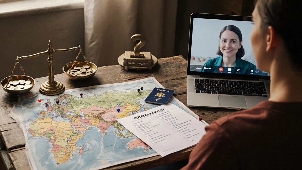 Стол с паспортом, страховкой, чек‑листом и картой, видеозвонок с туроператором.