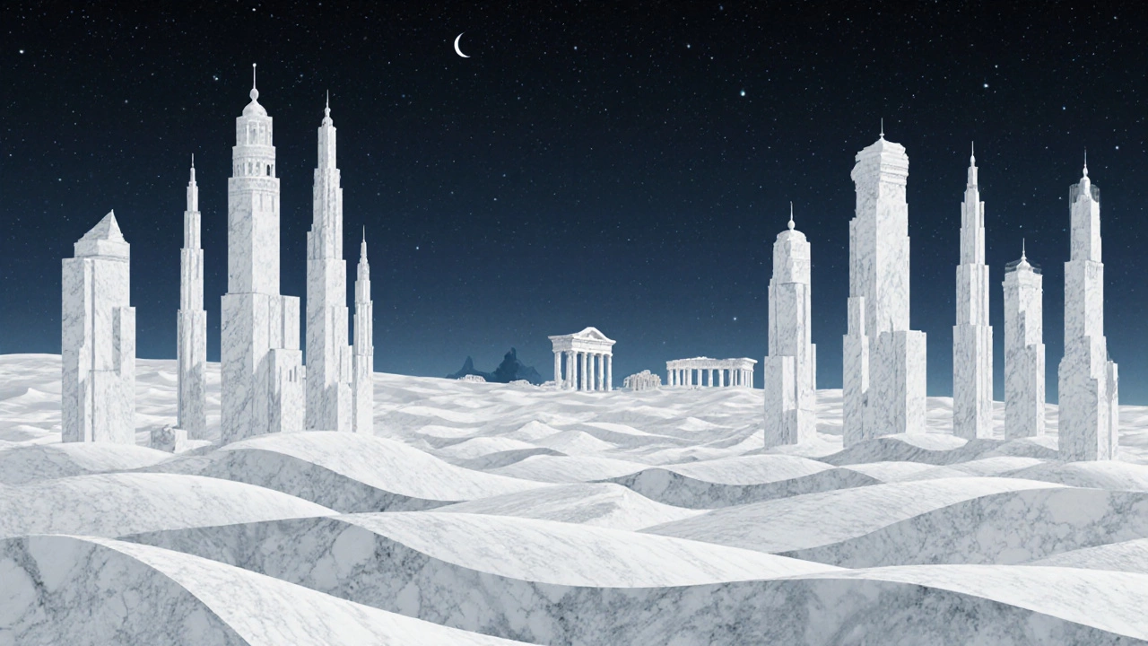 Белоснежный Ашхабад в пустыне с древними руинами на горизонте.