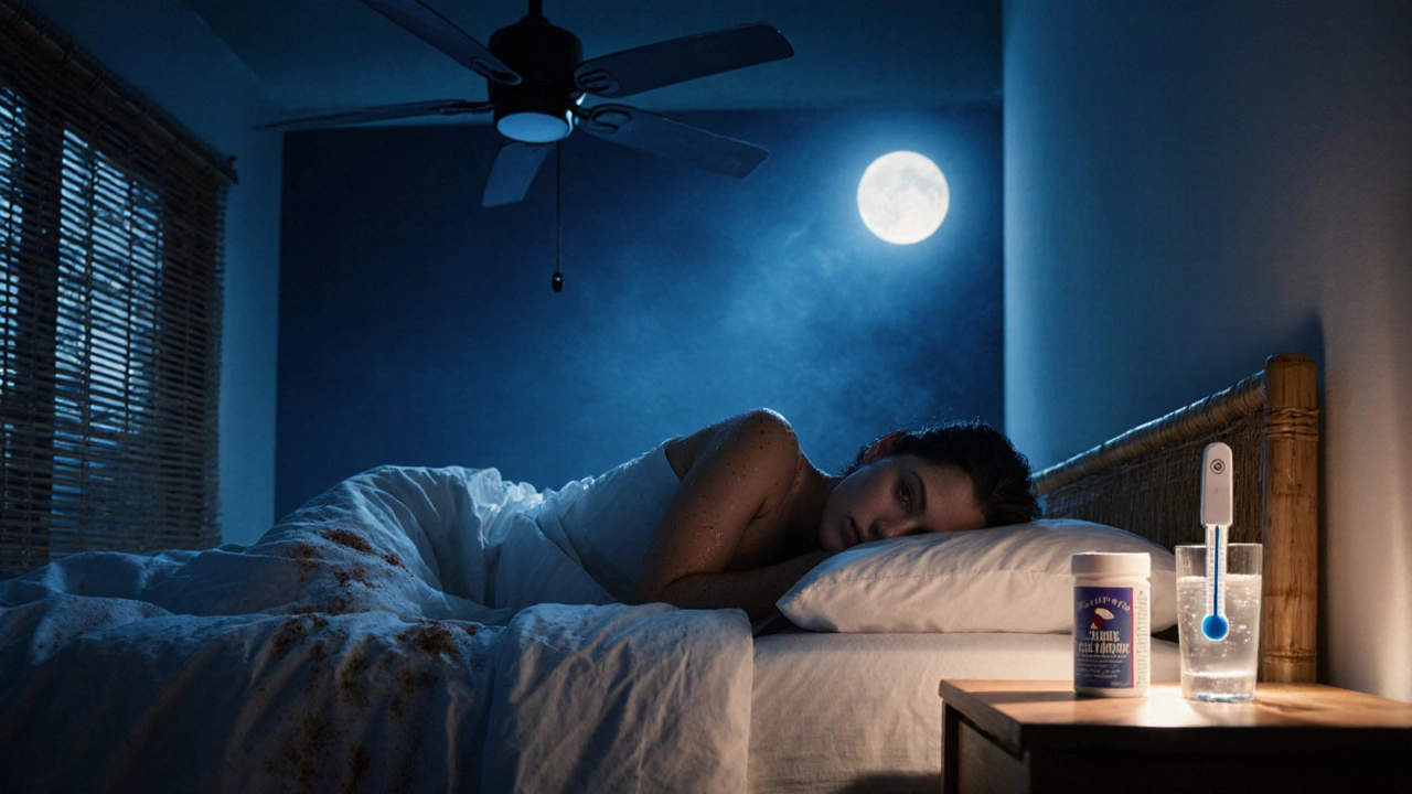 Человек спит под вентилятором, рядом — бутылочка электролитов и кокосовая вода.