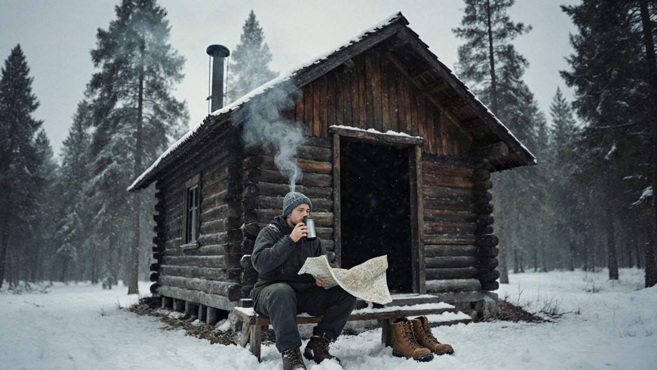 Деревянный домик в лесу, пешеход сидит на скамейке с чашкой чая на закате.
