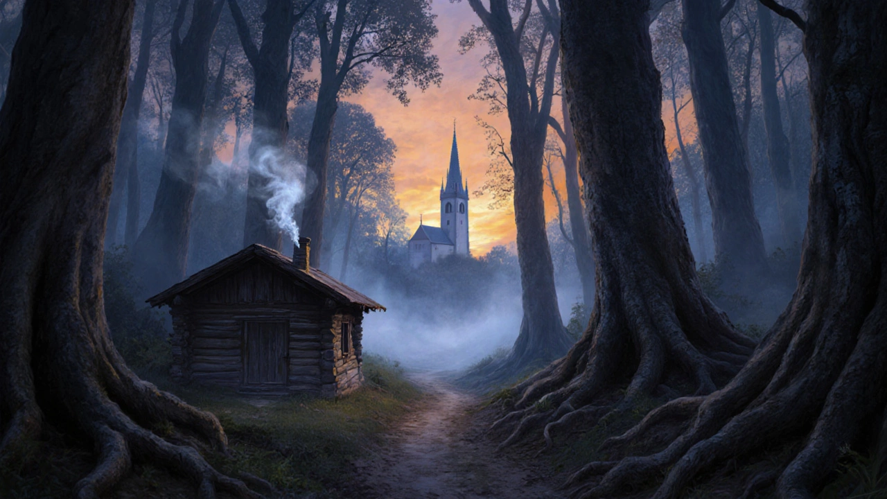 Деревянный домик в румынском лесу при закате, туман и силуэт церкви на фоне.