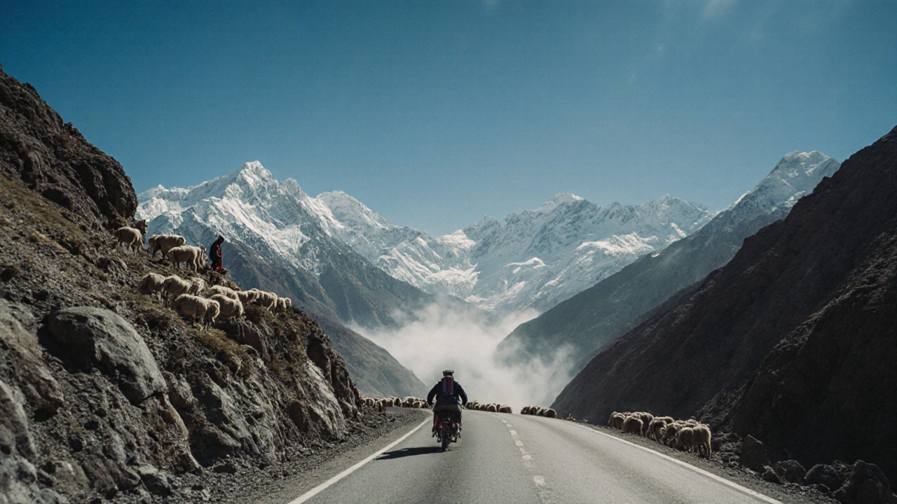 Дорога Памирский тракт в Таджикистане среди высоких гор и пастухов.
