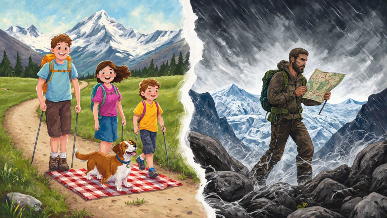 Два сценария: спокойная прогулка и суровый поход — разделены дорогой, ведущей в горы.