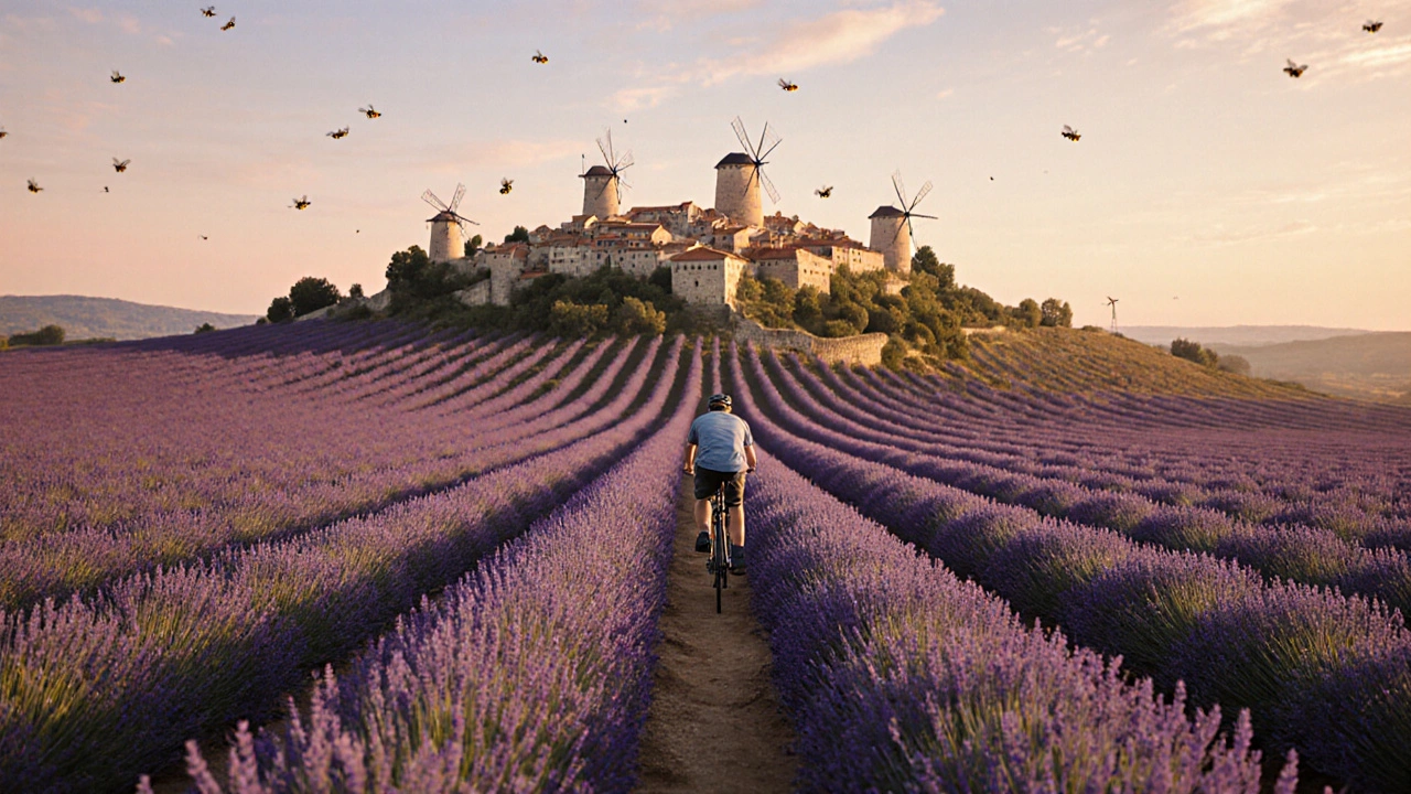 Лавандовое поле в Провансе с деревней на холме на закате.