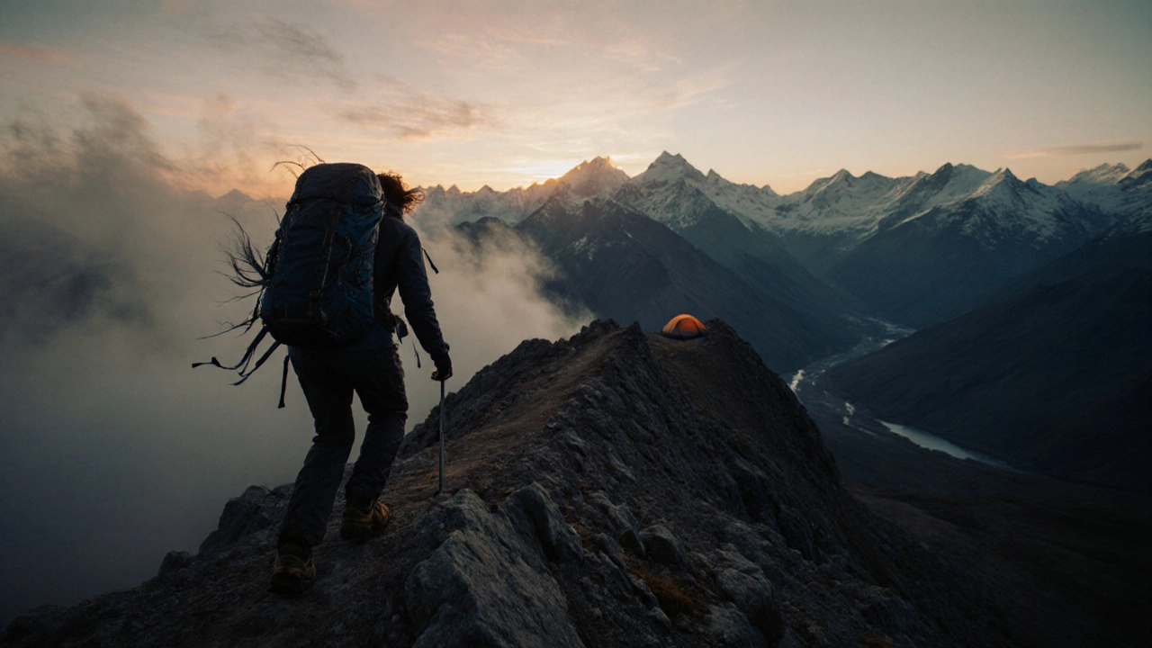 Одинокий путешественник идет по скалистому перевалу в горах Алтая при закате.