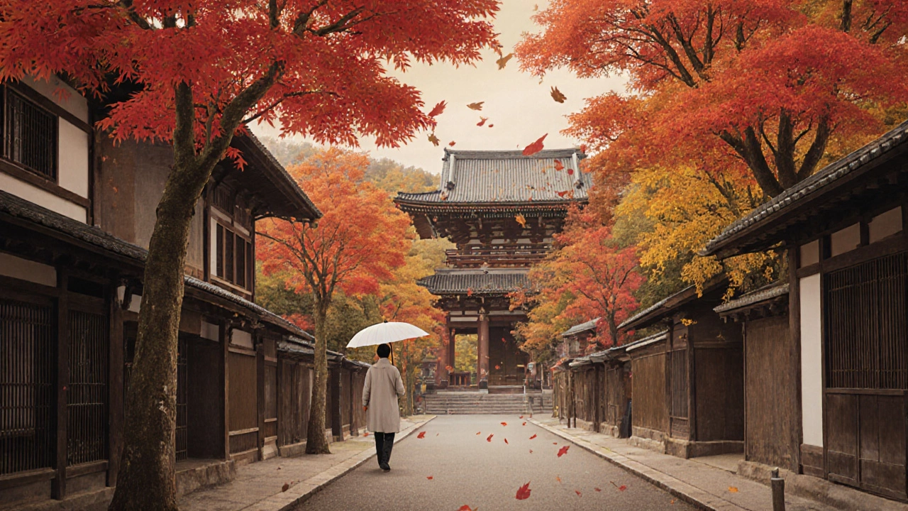 Осенний Кийото: красные листья, храм и путешественник.
