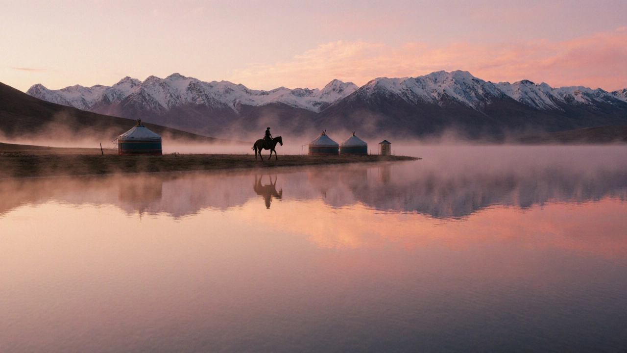 Озеро Иссык-Куль на рассвете с юртами и тихой водой в Кыргызстане.