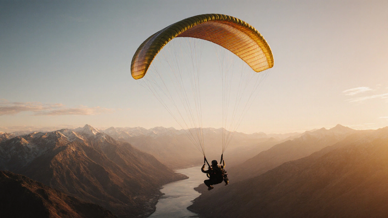 Парапланёр парит над горами Алтая на закате, только ветер и небо.