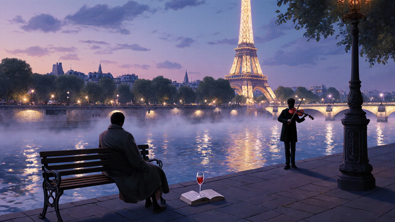 Париж на закате: пустая скамейка у Сены с бокалом вина и книгой.