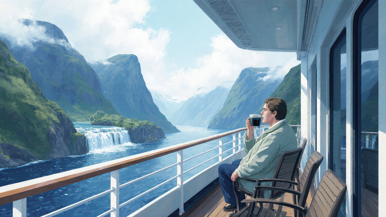 Пассажир на балконе круизного судна в мае смотрит на фьорды Норвегии, вокруг тишина.