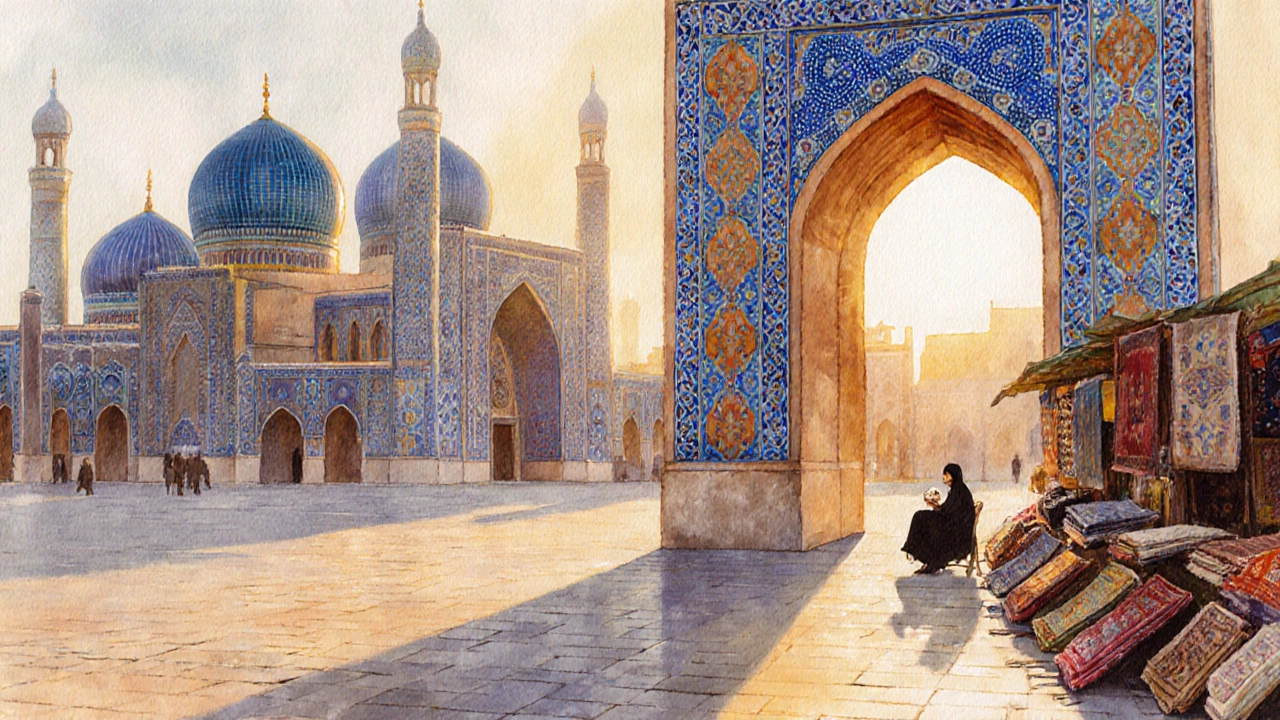 Регистан в Самарканде с традиционными мадрасами и базаром на золотом закате.