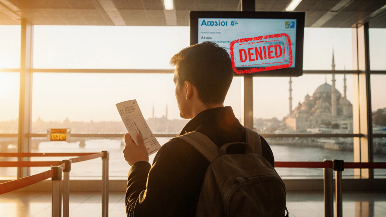 Россиянин в аэропорту Стамбула с билетом в Афины, но его рейс из Москвы помечен как запрещённый.