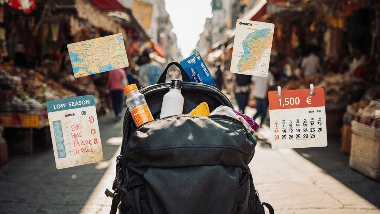 Рюкзак с вещами для поездки в Турцию рядом с ценниками на еду и транспорт.