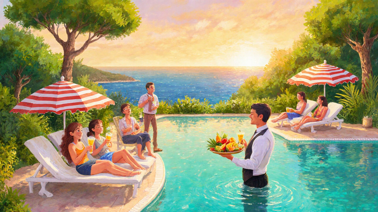 Семья отдыхает на пляже курорта Кемер, вокруг — бассейн, зонтики и море.