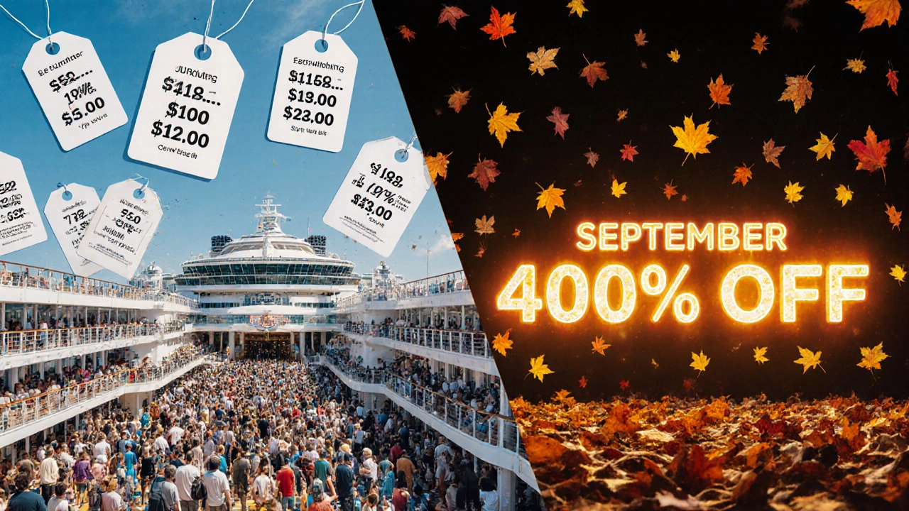 Сравнение цен на круиз: переполненный летний лайнер и тихий осенний — с надписью &#039;скидка 40-60%&#039;.