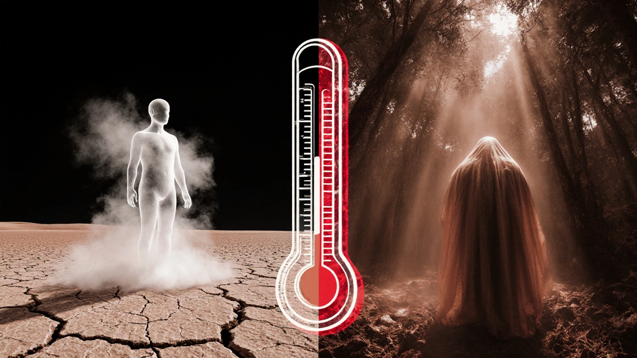 Сравнение сухой и влажной жары: один человек испаряется, другой задыхается под влажным туманом.