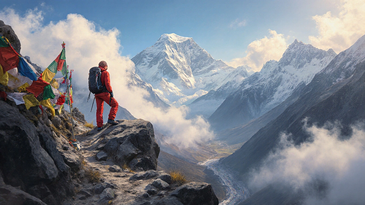 Тропа в Гималаях в октябре: горы, туман и вид на Эверест.