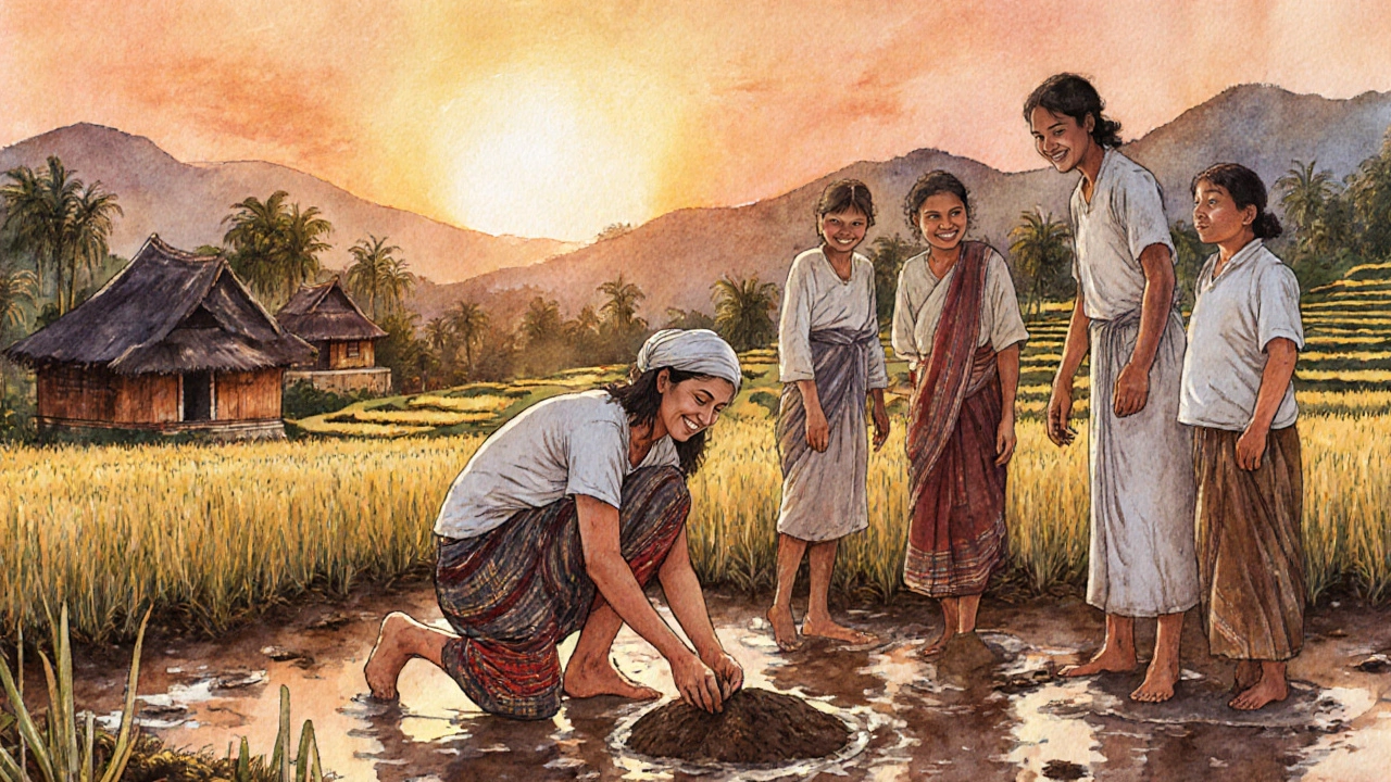 Турист сажает рис вместе с местными жителями на Бали.