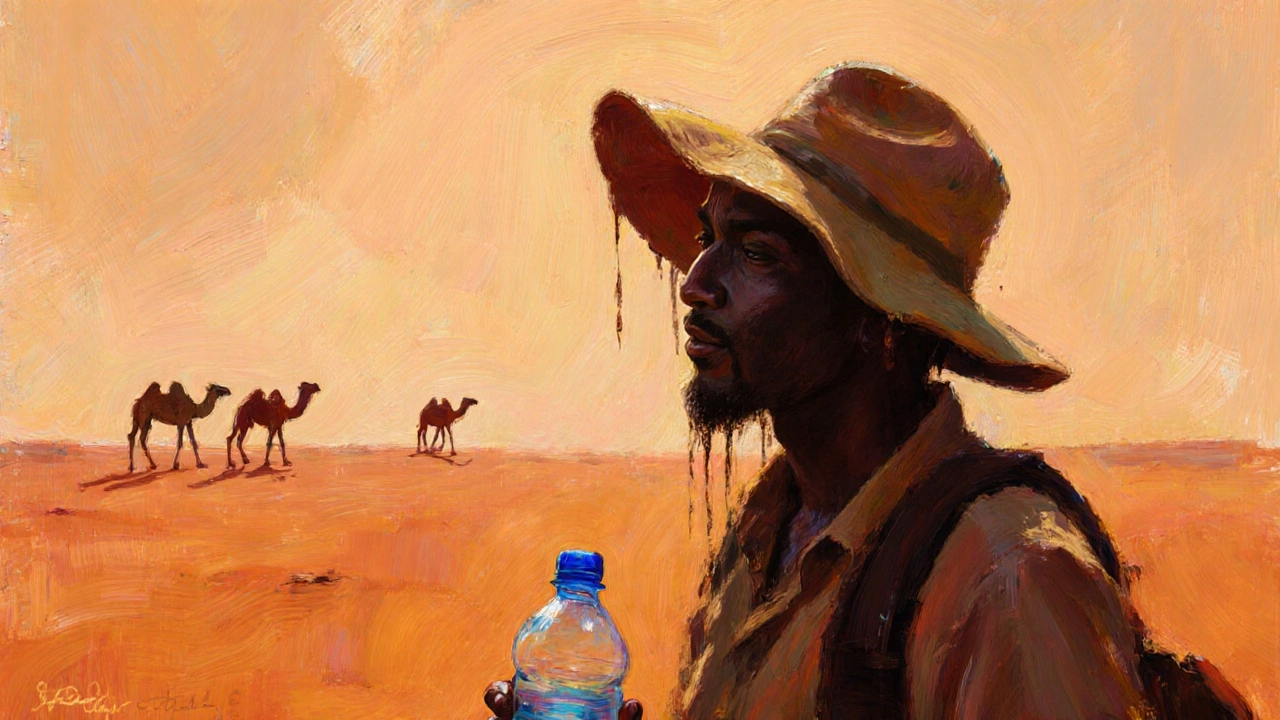 Турист в пустыне Нигер, пот на лице, жара с высокой влажностью, верблюды на горизонте.