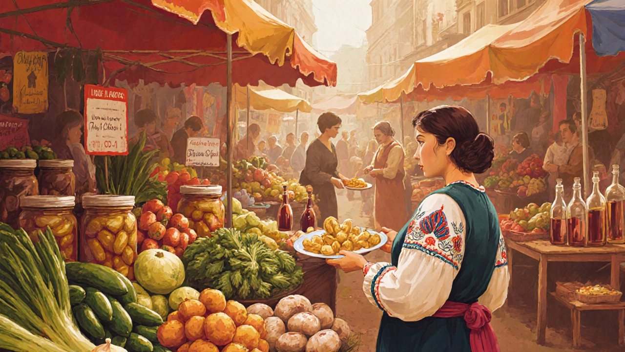 Живой рынок в Одессе с местной едой: варениками, овощами и домашним вином.