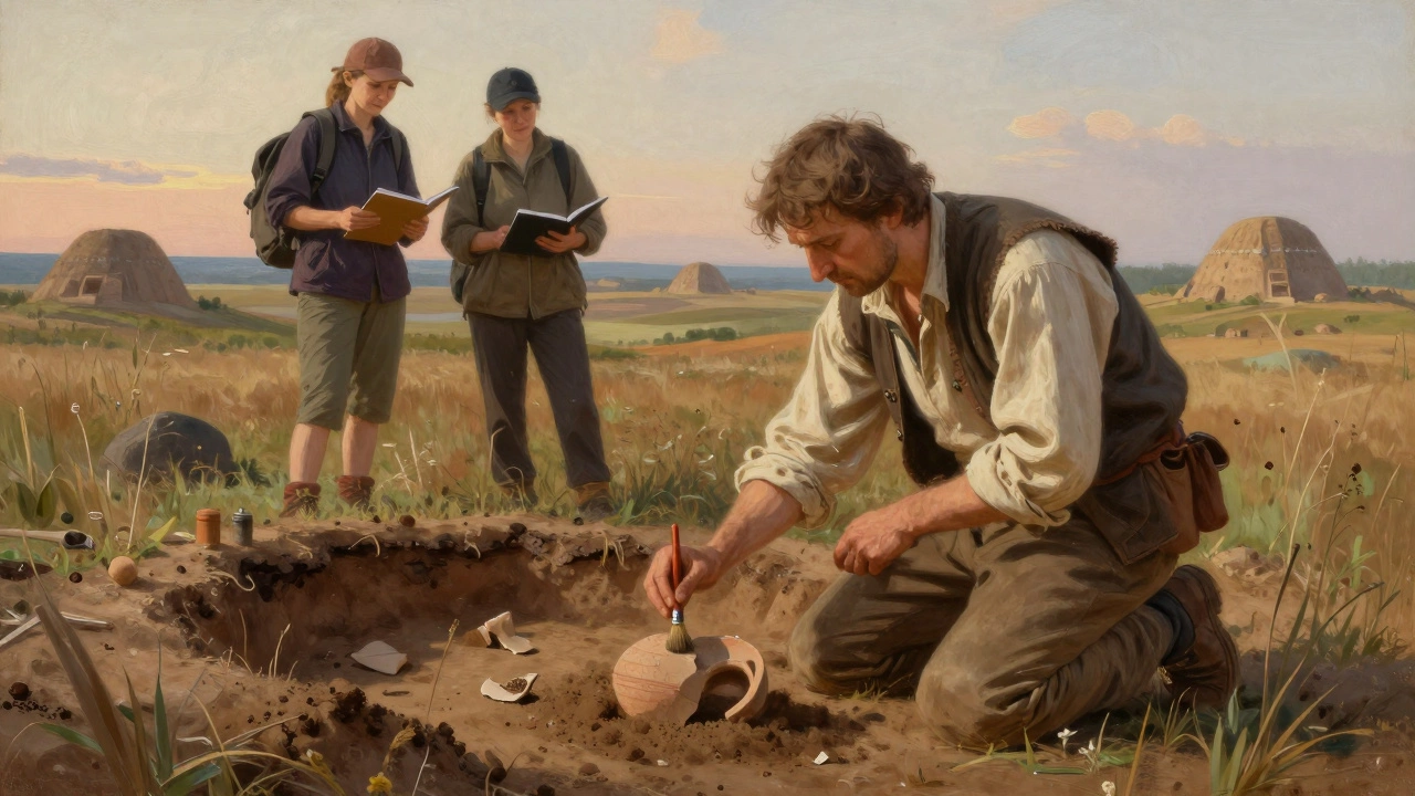 Археолог аккуратно расчищает керамический осколок на раскопках в Белгородской области, рядом — туристы с блокнотами.