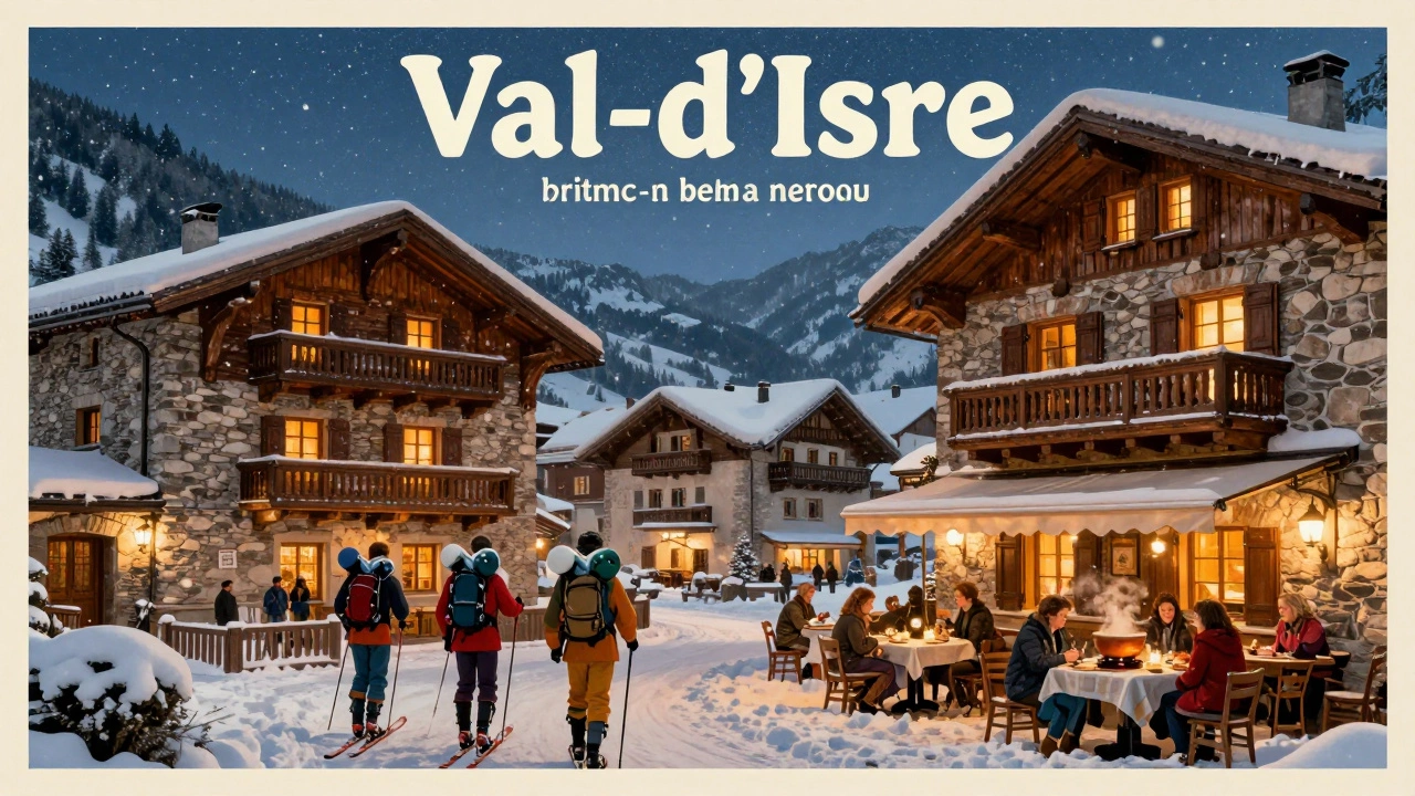 Деревня Валь-Д'Изер на закате, каменные шале, семьи возвращаются с гор, снег падает.