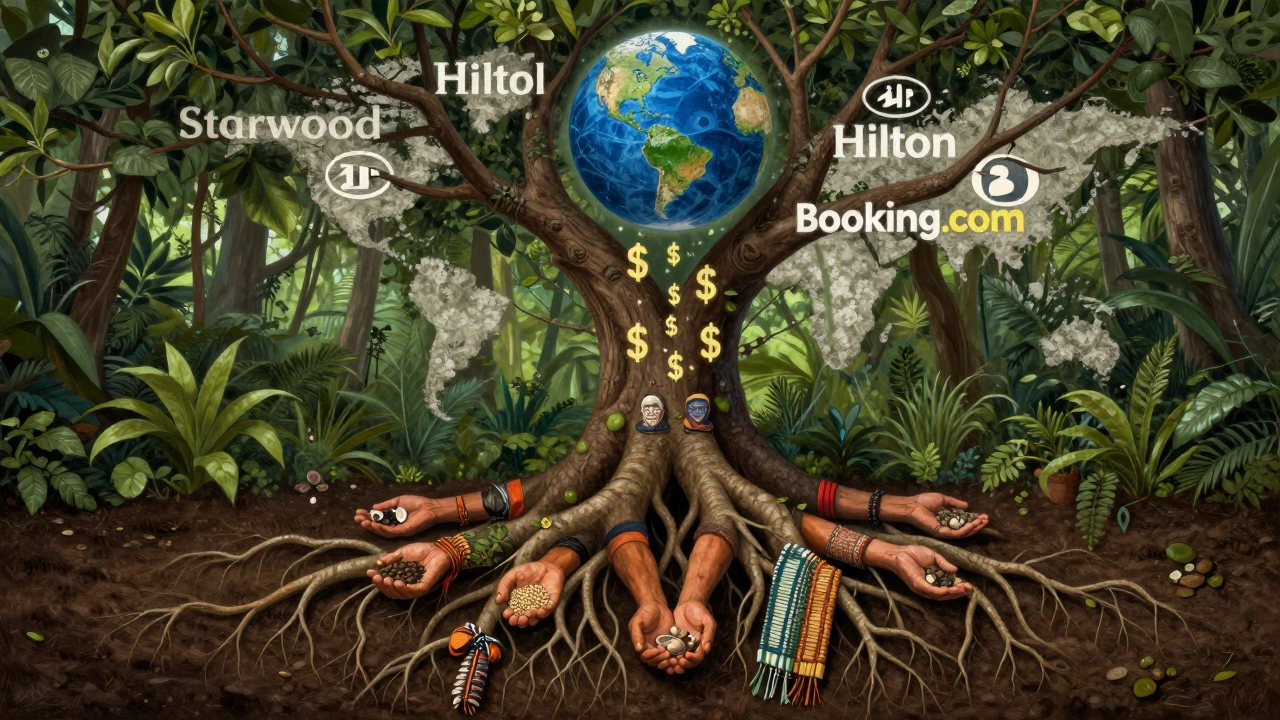 Дерево с логотипами корпораций на ветвях и руками коренных народов у корней, над ним дождь из долларов.