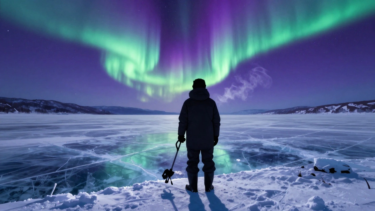 Фигура на краю замёрзшего Байкала под северным сиянием, снег и лёд вокруг.