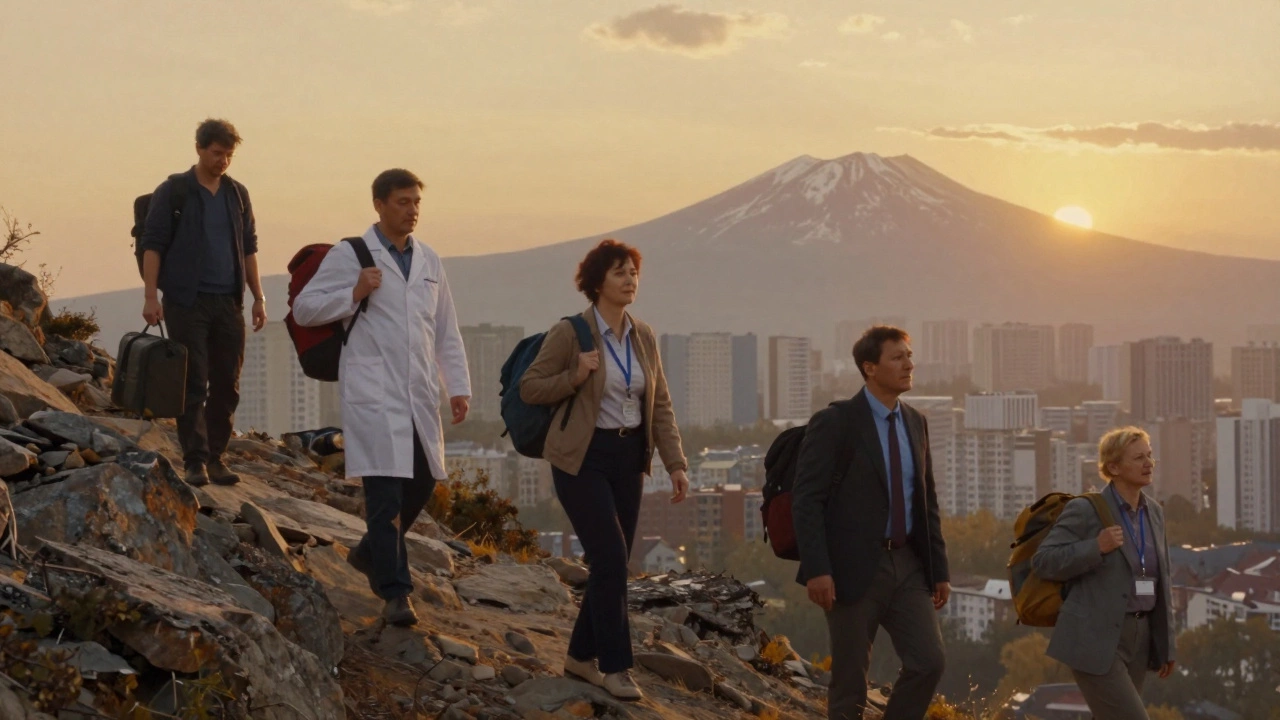 Группа взрослых людей поднимается по горной тропе, город за спиной, солнце на горизонте.