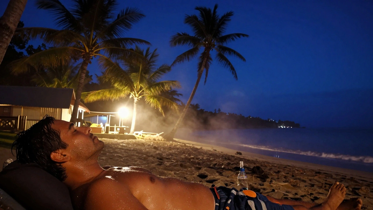 Ночь в тропиках: влажный воздух и пара над землей под звездным небом.