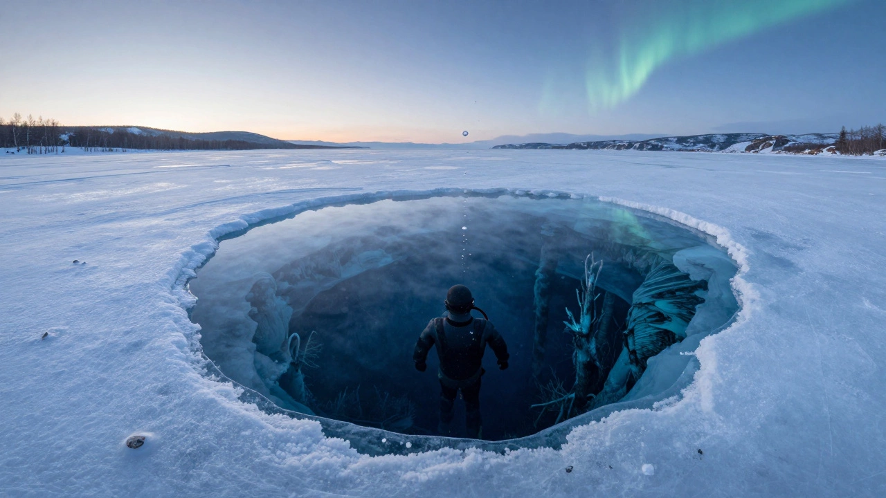 Ныряльщик выходит из ледяной дыры на Байкале, видны подводные пещеры под льдом.
