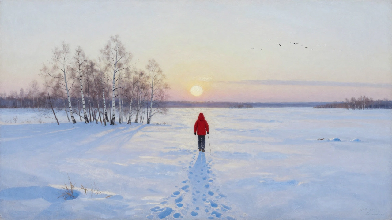 Путешественник идёт по бескрайней тундре, следы исчезают в горизонте.