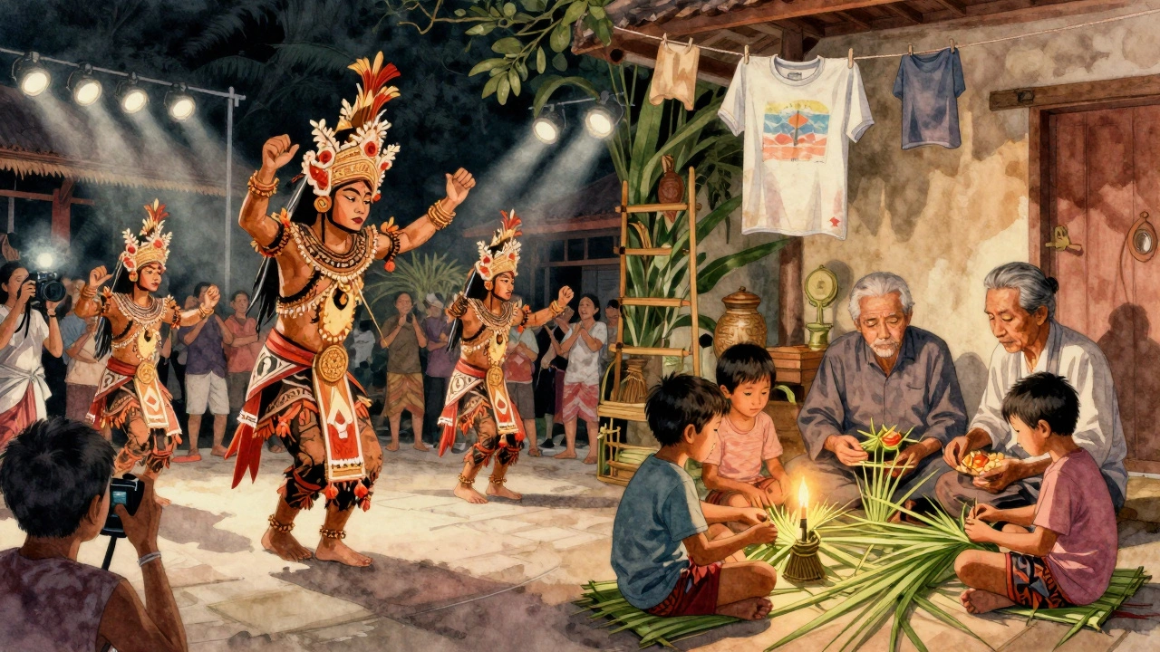 Разделённая сцена: танец для туристов слева, тихое обучение детей плетению справа.