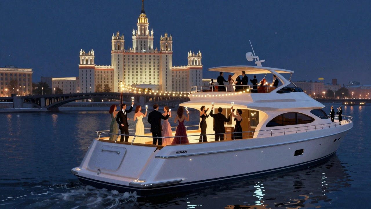 Роскошный частный теплоход с вечеринкой на Москве-реке ночью под огнями моста.