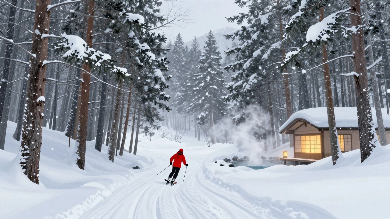Снежный лес Нисеко в Японии, лыжник скользит сквозь пудру, свет из традиционного отеля.