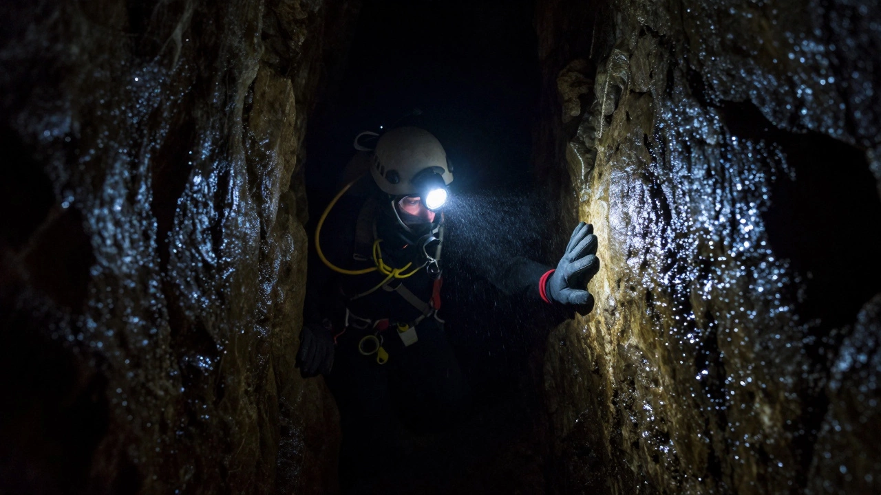 Спелеолог ползёт по узкой пещере с фонарём на шлеме в полной тишине.