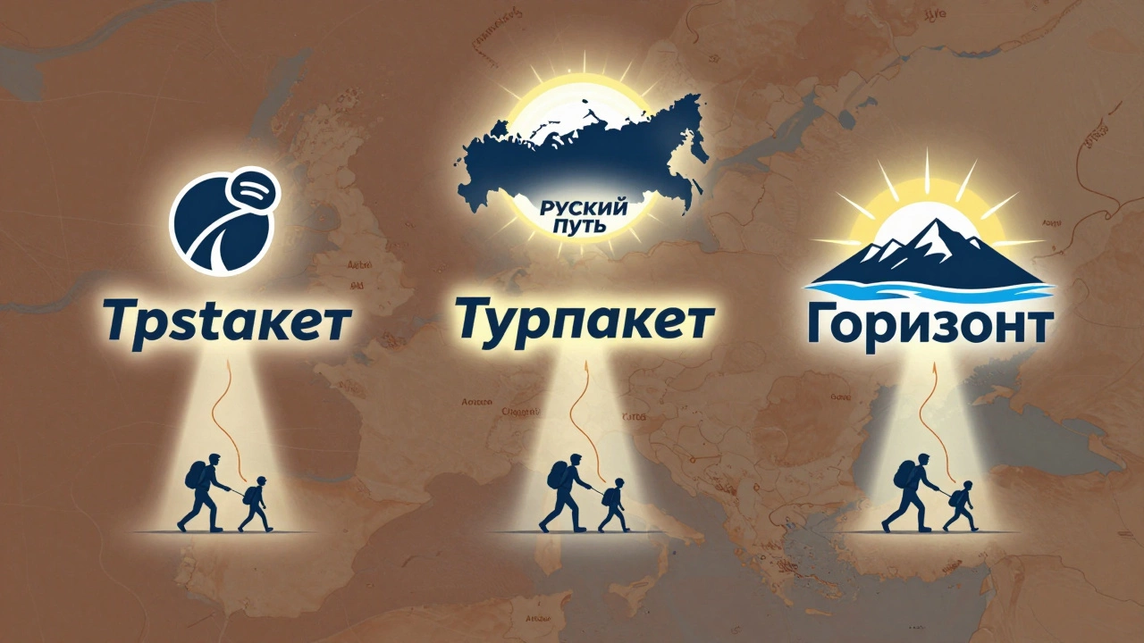 Три российских туроператора символически изображены на карте России: Турпакет, Русский Путь и Горизонт с маршрутами к Костроме, Алтаю и Крыму.