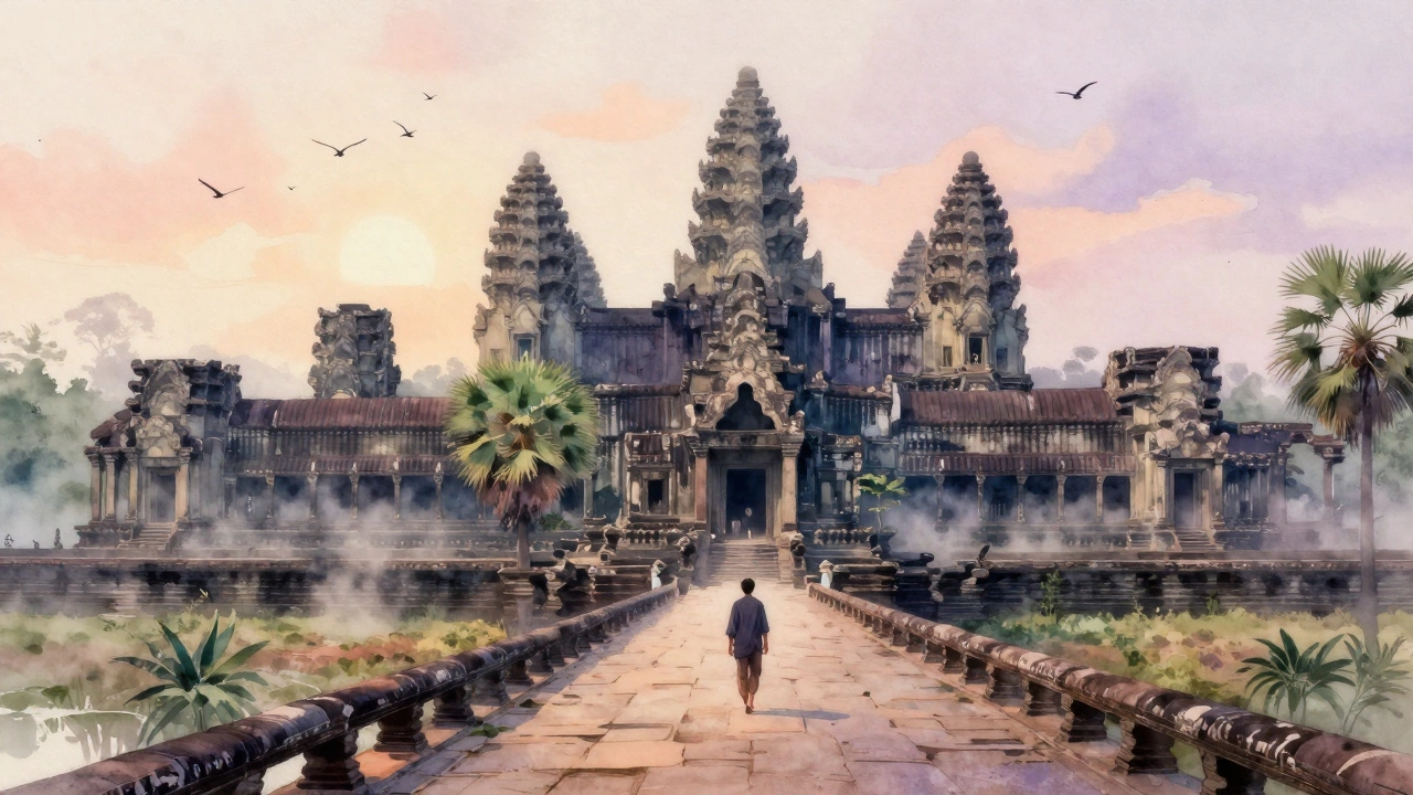 Закат над храмом Ангкор-Ват, туман и птицы над джунглями, никого вокруг.